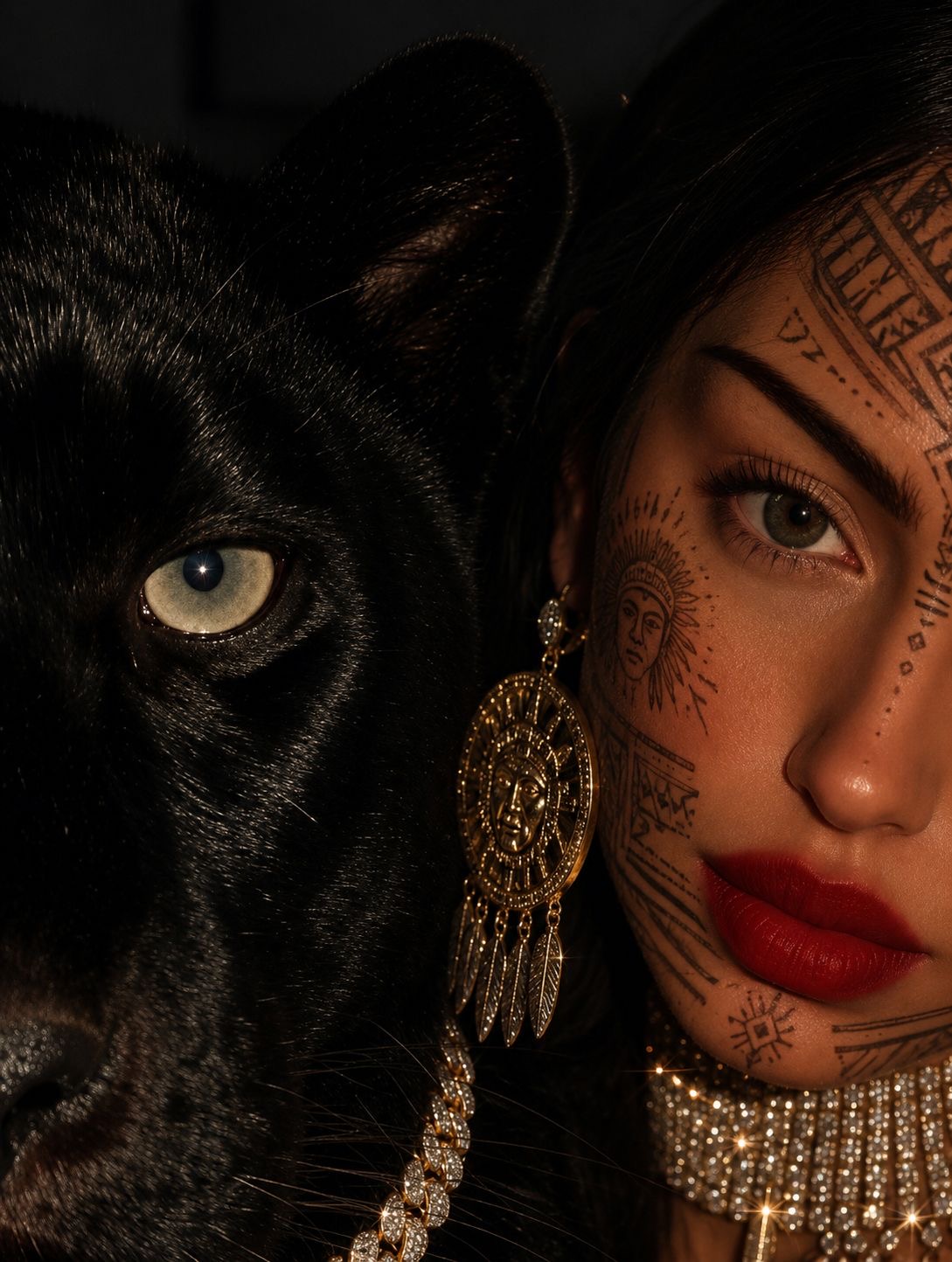 Editorial portrait — woman with a black panther, gold jewelry and ornate face art