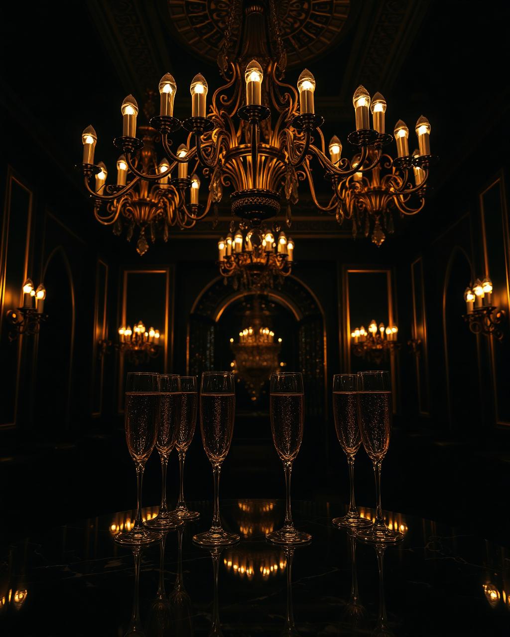Chandeliers above champagne glasses in a private hall