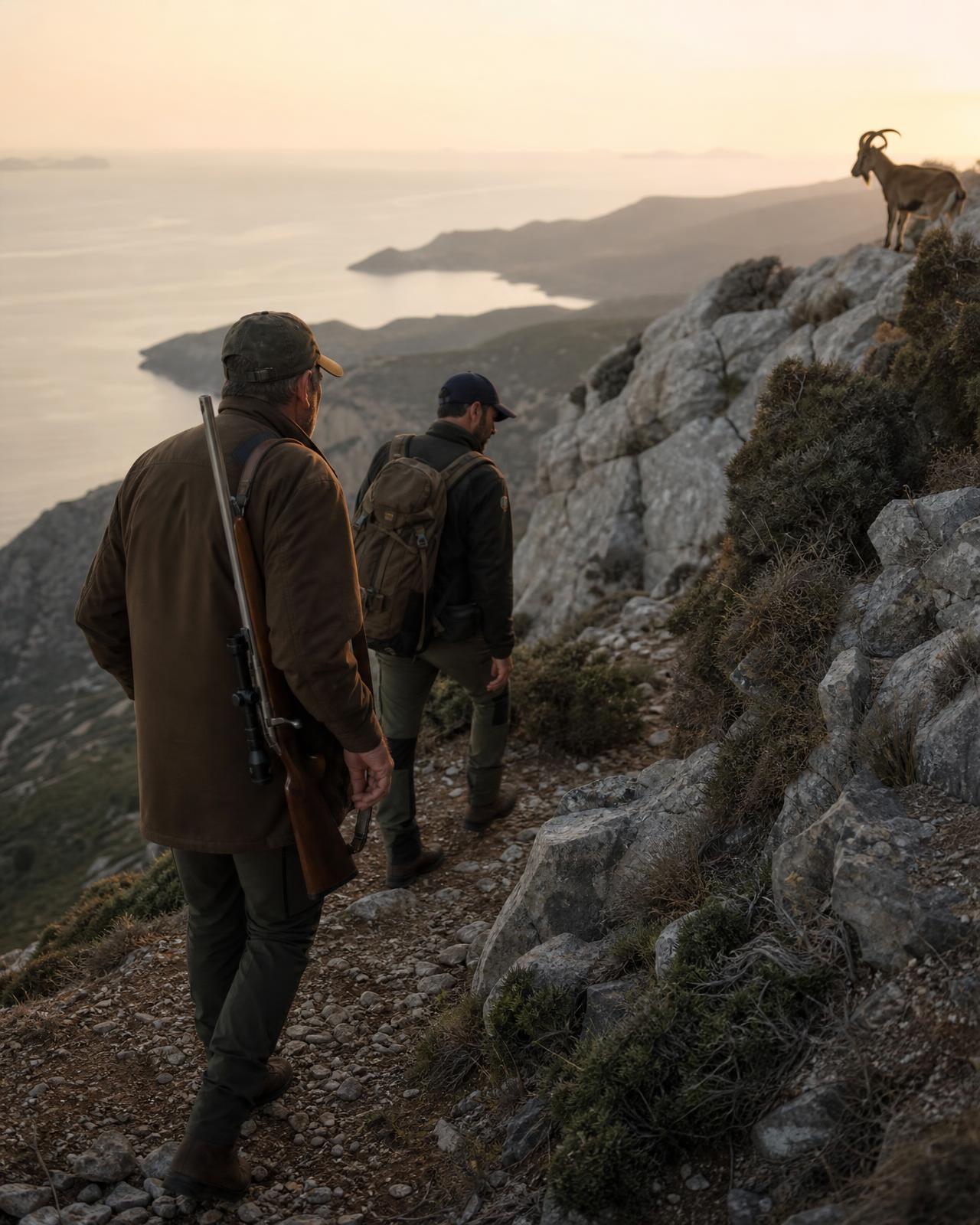 Hunters on a Greek coastal mountain trail at sunrise with a Kri Kri wild goat