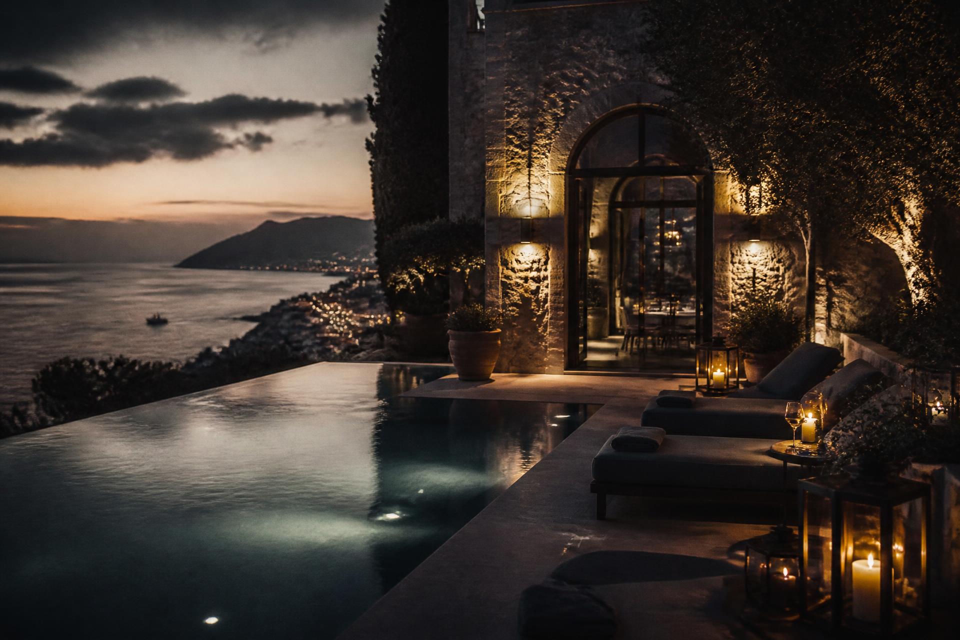 Private cliffside villa terrace overlooking the sea at dusk
