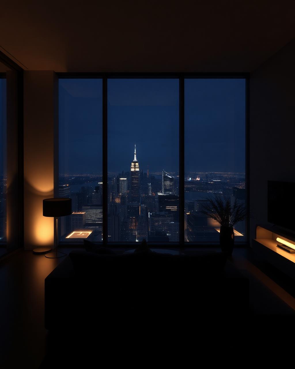 Minimalist penthouse living room at night